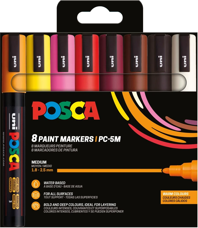 Posca 182549 - Set of 8 PC-5M Acrylic Pens - Permanent Marker with Round Tip 1.8-2.5 mm