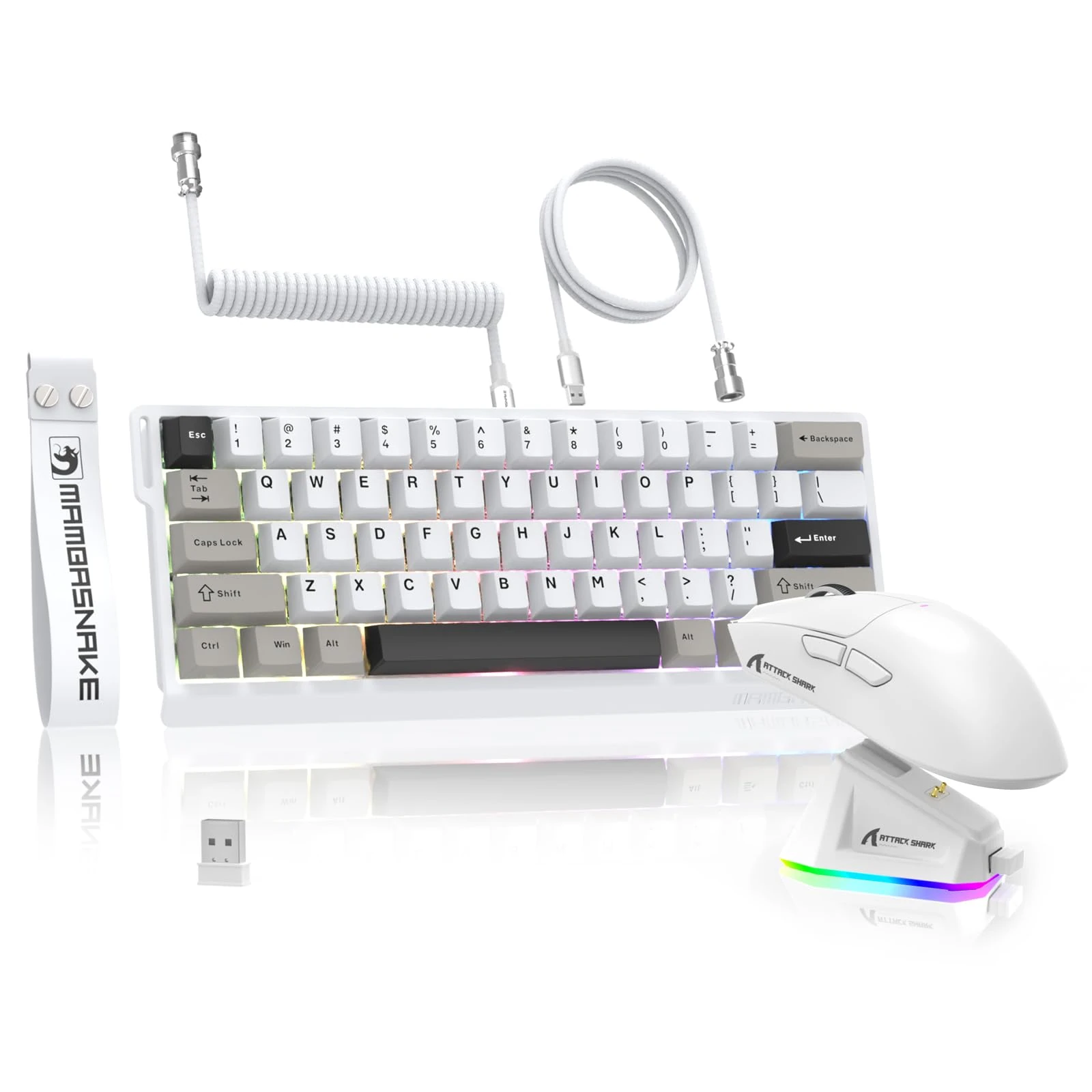 MAMBASNAKE x Attack Shark X60HE Rapid Trigger Wireless Keyboard & X11 Gaming Mouse with 8000Hz Coiled Cable, 0.01mm RT Accuracy Magnetic Switch RGB Keyboard, 22000 DPI PixArt PAW3311 Sensor Mice-White