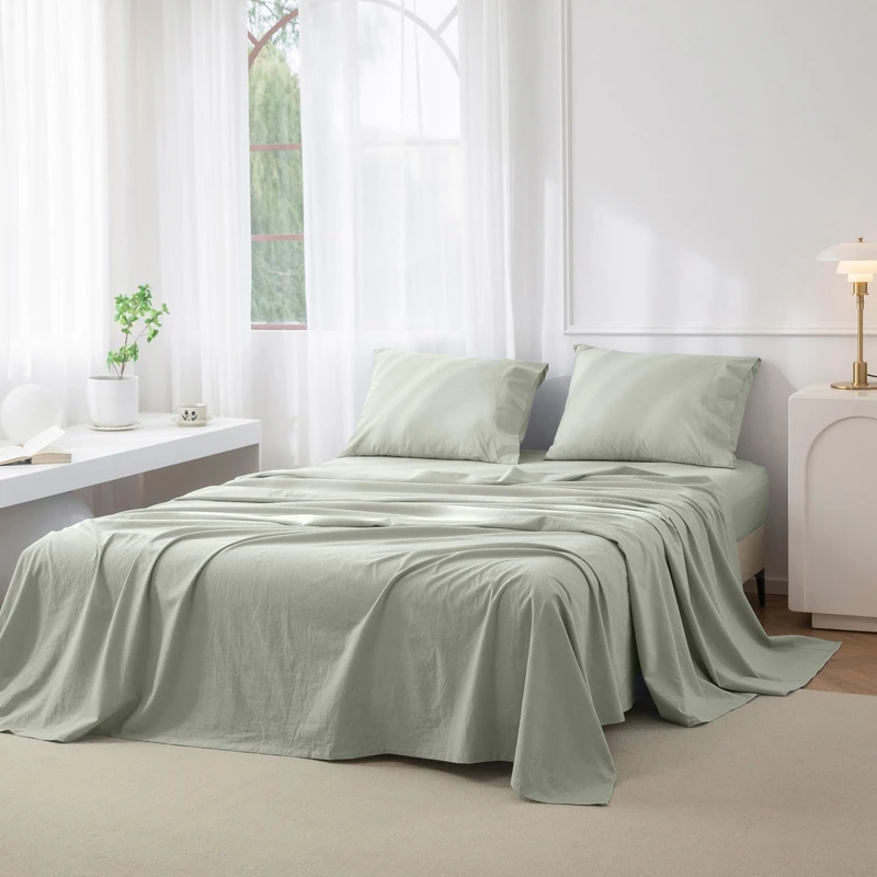 JIYUAN Full Washed Cotton Sheet Set, 4-Piece, Relaxed Linen Feel