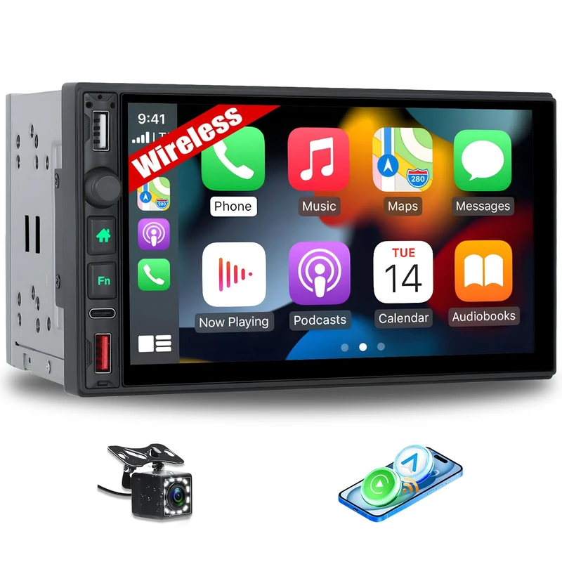 Double Din Car Stereo Wireless CarPlay Android Auto Bluetooth FM/AM/RDS Radio 7 Inch HD 1024 * 600 Touch Screen Mirror Link 3 USB Type-C DSP RCA SWC + Backup Camera Mic