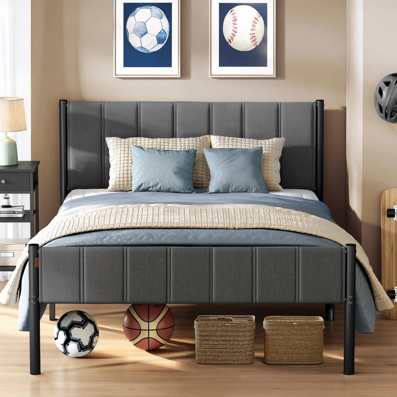 VASAGLE Double Bed Frame, 135 x 190 cm, with Upholstered Headboard, Metal Bed Frame, 500 kg Weight Capacity, Easy Assembly, Slate Grey RMB976G02