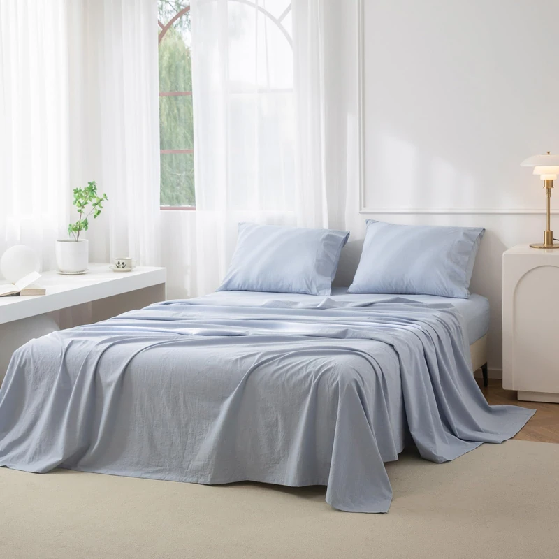 JIYUAN Full Washed Cotton Sheet Set, 4-Piece, Relaxed Linen Feel