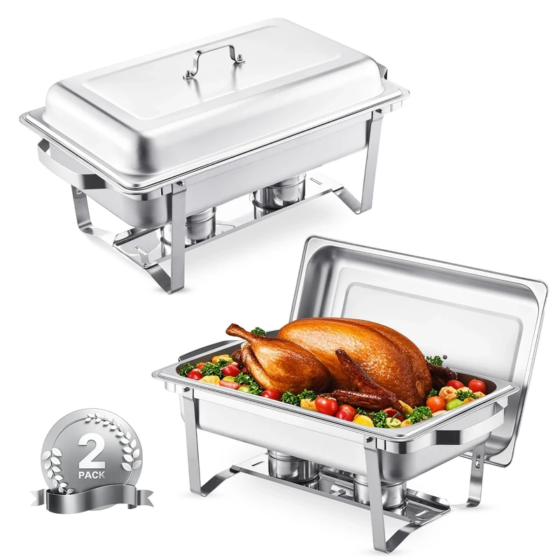 VEVOR Chafing Dish Buffet Set, 2 Pack Stainless Chafer with 2 Full Pans, Rectangle Catering Warmer Server with Lid Water Pan Folding Stand Fuel Tray Holder Clip
