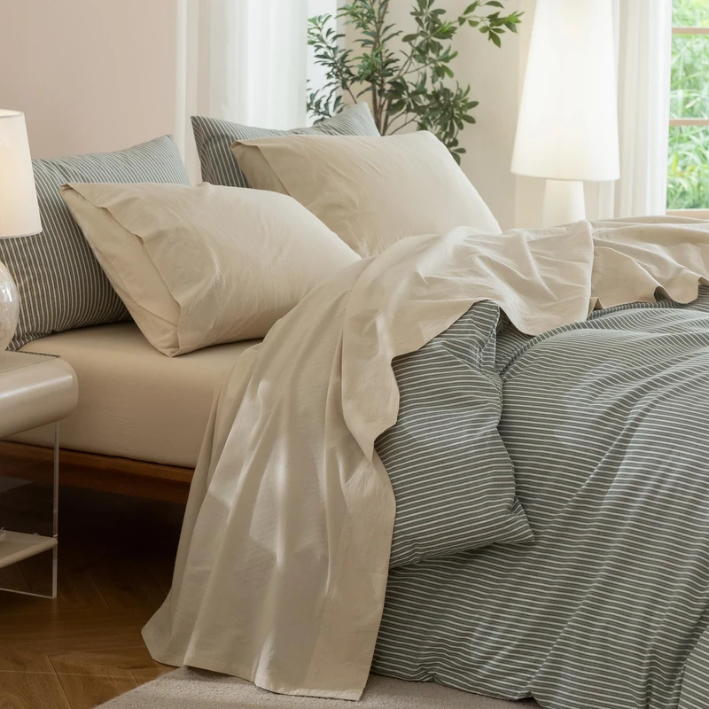 JIYUAN Full Washed Cotton Sheet Set, 4-Piece, Relaxed Linen Feel