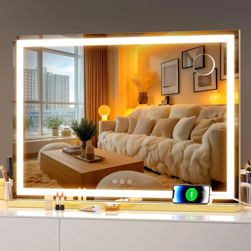 Hasipu Vanity Mirror with Lights, 70 x 50cm LED Makeup Mirror, Lighted Make up Mirrors with Touch Screen Control, 3 Dimmable Modes Square Gold