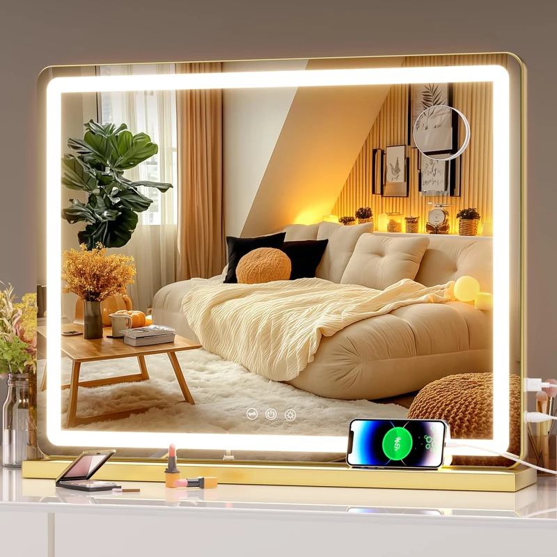 Hasipu Vanity Mirror with Lights, 58 x 48cm LED Makeup Mirror, Lighted Make up Mirrors with Touch Screen Control, 3 Dimmable Modes Round Gold