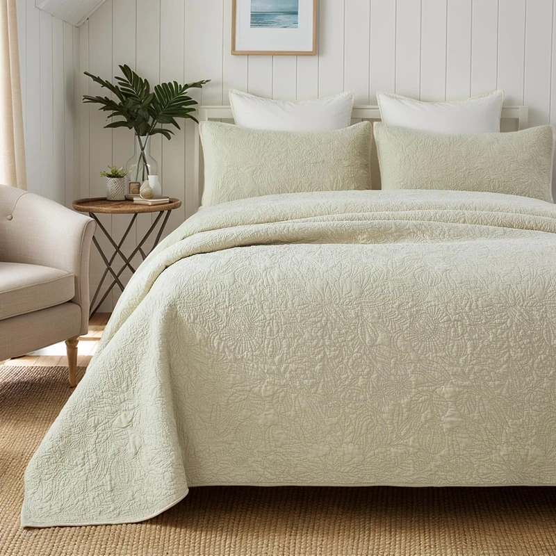 Brandream King Size Quilt Bedding Set Beige Quilts Cotton Botanical Flower Floral Matelasse Coverlet Set 3-Piece