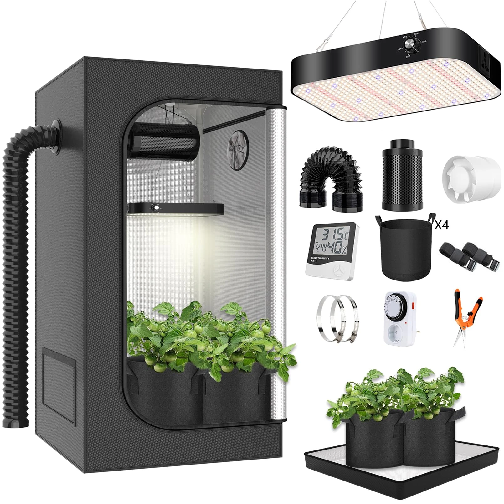 MODVKVK Grow Tent Complete Set 80x80x180cm(31x31x70in) Grow Tent Kit with 200W LED Full Spectrum Grow Lamp Dimmable, Complete Hydroponics