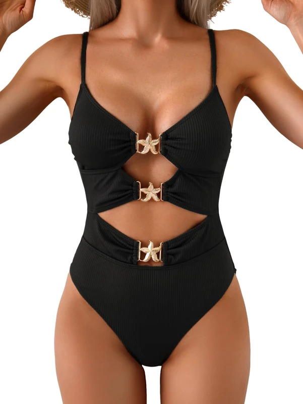Eomenie One Piece Swimsuit for Women Cutout Monokini Sexy Bathing Suit Metal Swim Suit, Black Ribbed, Medium
