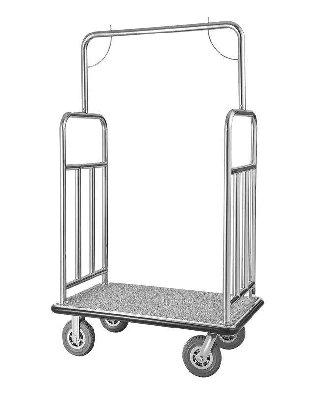 VEVOR Hotel Luggage Cart, 1200 LBS Load Capacity, Brushed Stainless Steel Finish Bellman's Cart, Valet Cart with Grey Carpeted Deck and 8-inch Rubber Wheels, Ideal for Hotels, Condos, Resorts, Silver