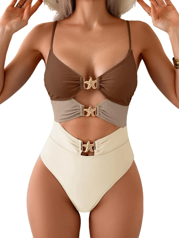 Eomenie One Piece Swimsuit for Women Cutout Monokini Sexy Bathing Suit Metal Swim Suit, Brown and Beige, Large