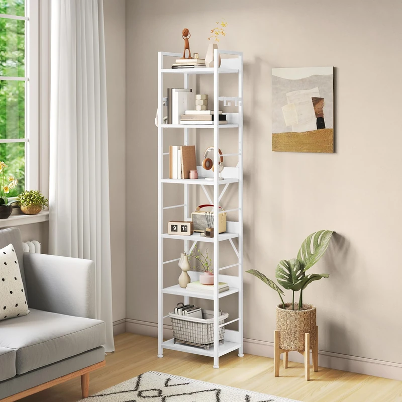 YITAHOME 6 Tier Bookcase, Industrial Book Shelf, Metal Frame and Wooden Shelves, Tall Shelving Unit with 4 Hooks, Book Rack and Display Organizer for Living Room, Home Office, White