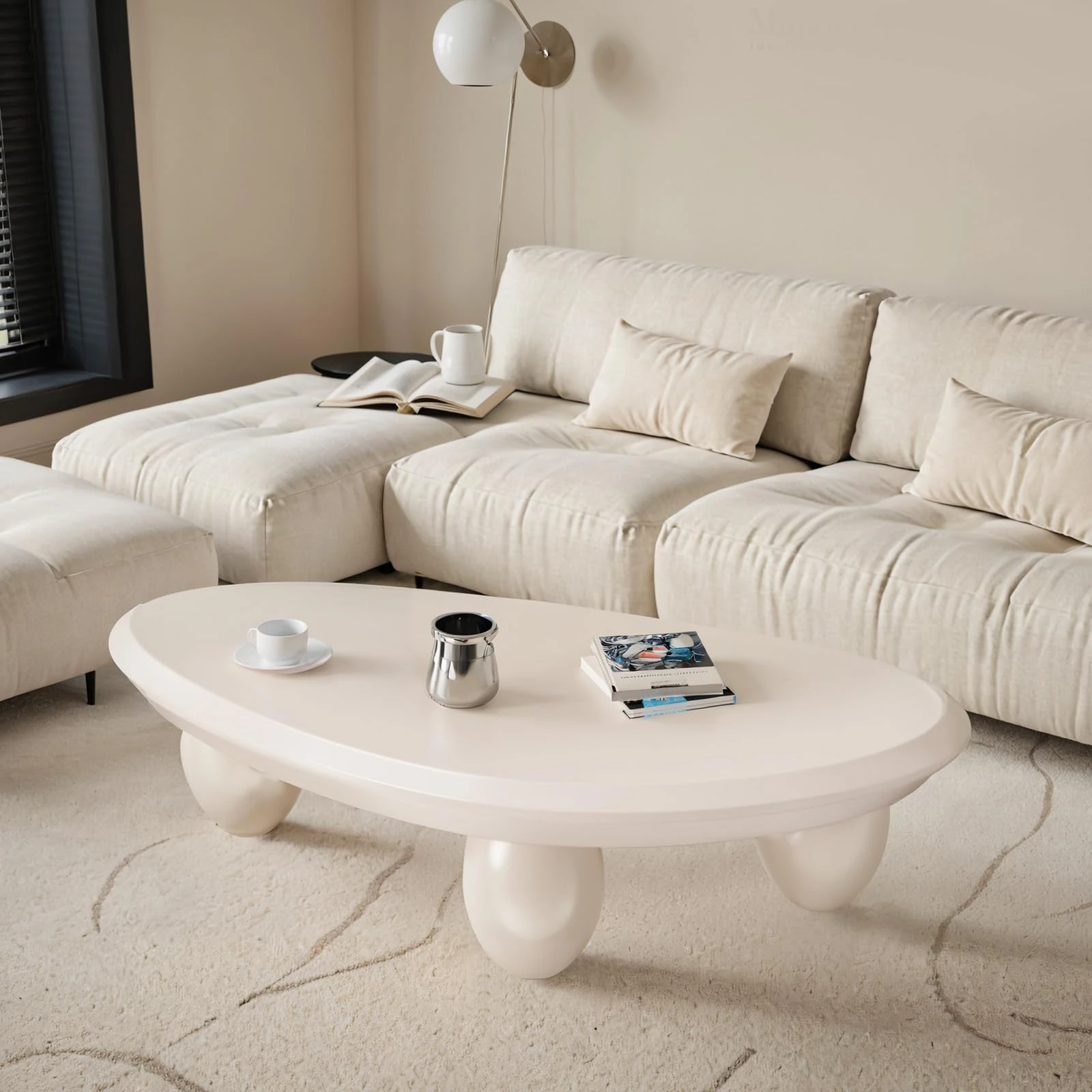 DAXUESEH Cute Cloud Coffee Table with 4 Legs Cream White Live Edge Coffee Table Modern Irregular Indoor Central Table Low Tea Table for Living Room Easy Assembly,Water Drop C White 39.4"