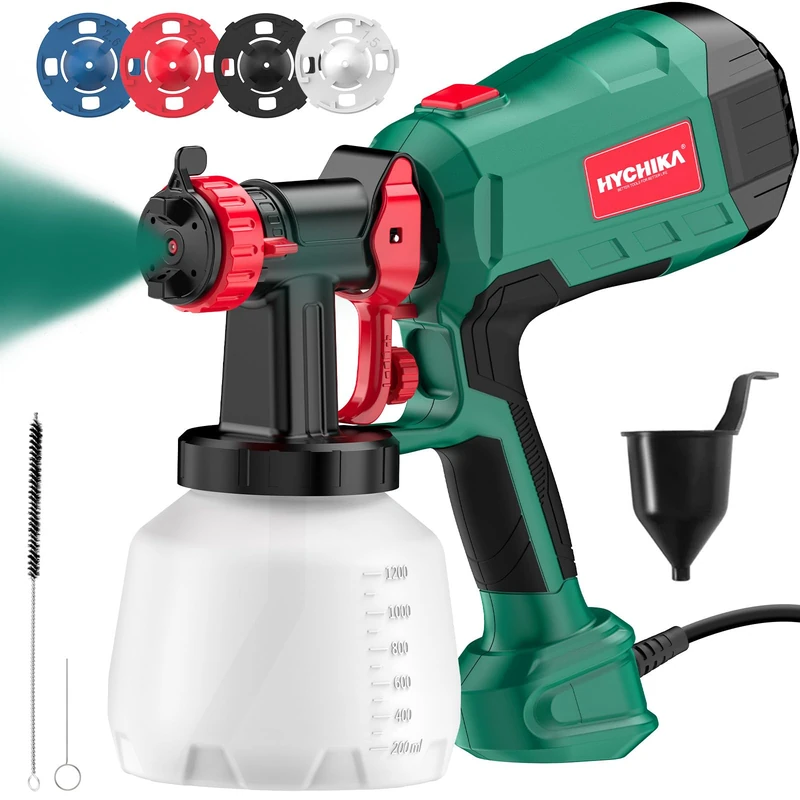 HYCHIKA 600W Paint Sprayer, 1200ML HVLP Paint Sprayer, 3 spray patterns, 4 nozzles and 2 cleaning tools, adjustable paint flow paint spray gun for walls and wood, metals