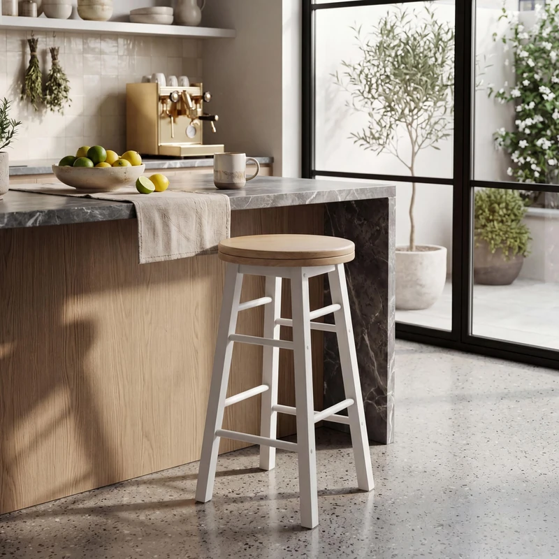 Chef Vida Modern 360° Swivel Breakfast Bar Stool for Kitchen Counters, Natural Wood (2, White)