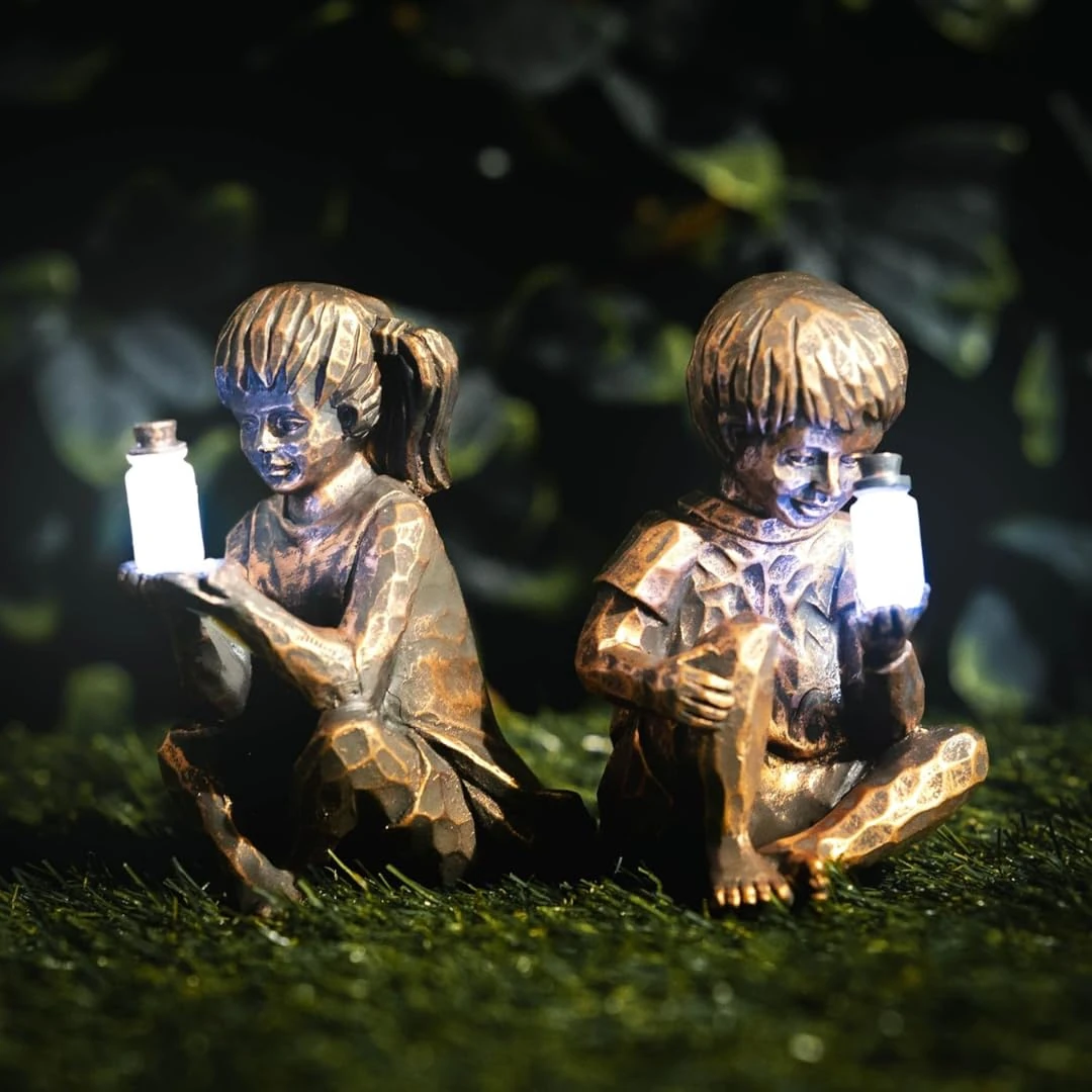 Garden Mile Solar Powered Garden Ornament Boy and Girl Figurines Fairy Solar Light Jar Firefly Resin Garden Decor Gardens Funny Novelty Gift Fairy Outdoor Gardens Patio Decor