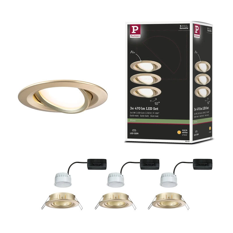 Paulmann 92404 LED Recessed luminaire Nova Coin Round 84mm 50° Coin 3x6W 3x470lm 230V 2700K Gold matt
