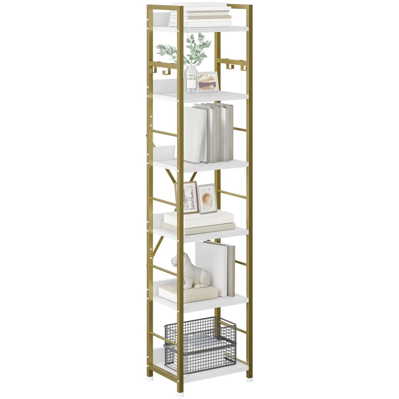 YITAHOME 6 Tier Bookcase, Industrial Book Shelf, Metal Frame and Wooden Shelves, Tall Shelving Unit with 4 Hooks, Book Rack and Display Organizer for Living Room, Home Office, Gold