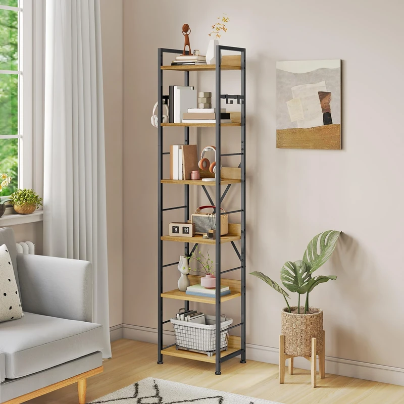 YITAHOME 6 Tier Bookcase, Industrial Book Shelf, Metal Frame and Wooden Shelves, Tall Shelving Unit with 4 Hooks, Book Rack and Display Organizer for Living Room, Home Office, Oak Color