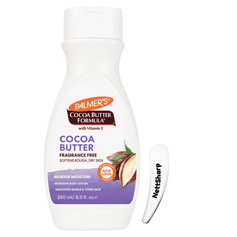 Palmer’s Cocoa Butter Body Lotion 250ml Fragrance-Free with Cosmetic Spatula – Moisturiser with Vitamin E for Dry, Sensitive Skin – 48Hr Hydration, Smoothes Marks and Softens Rough Skin