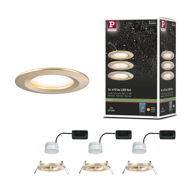Paulmann 92405 LED Recessed luminaire Nova Coin IP44 Round 78mm Coin 3x6W 3x470lm 230V 2700K Gold matt