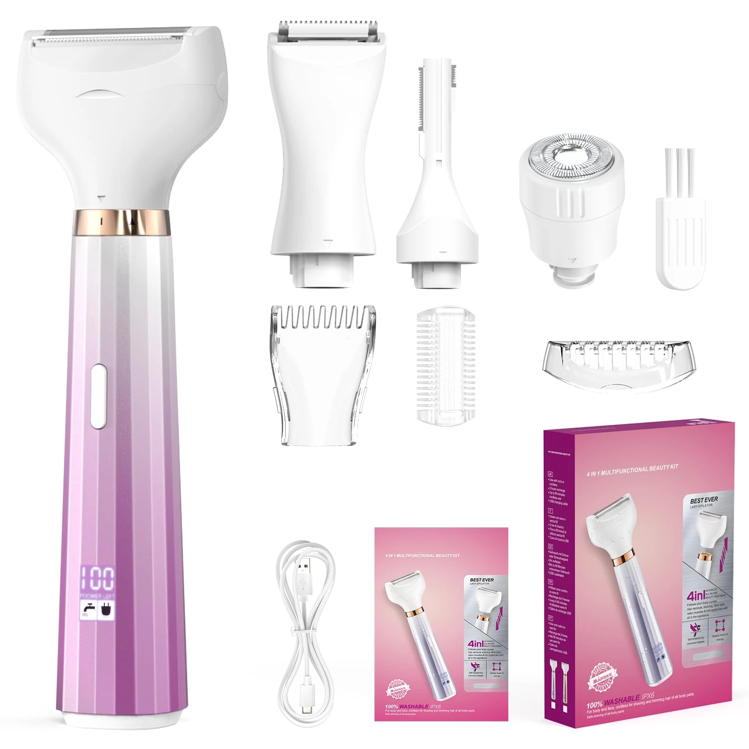 PKBD 4 in 1 Lady Shavers for Women with LED Battery Display, Facial Hair Remover for Women, Electric Razor for Body, Legs, Pubic Hair, IPX6 Waterproof & Rechargeable, Portable Wet and Dry, Purple