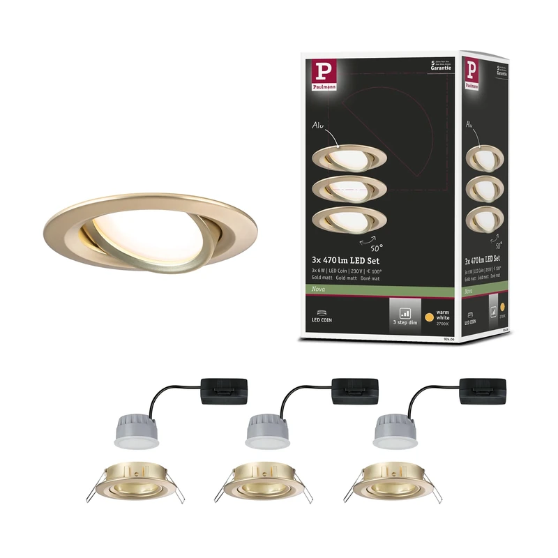 Paulmann 92406 LED Recessed luminaire 3-Step-Dim Nova Coin Round 84mm 50° Coin 3x6W 3x470lm 230V dimmable 2700K Gold matt