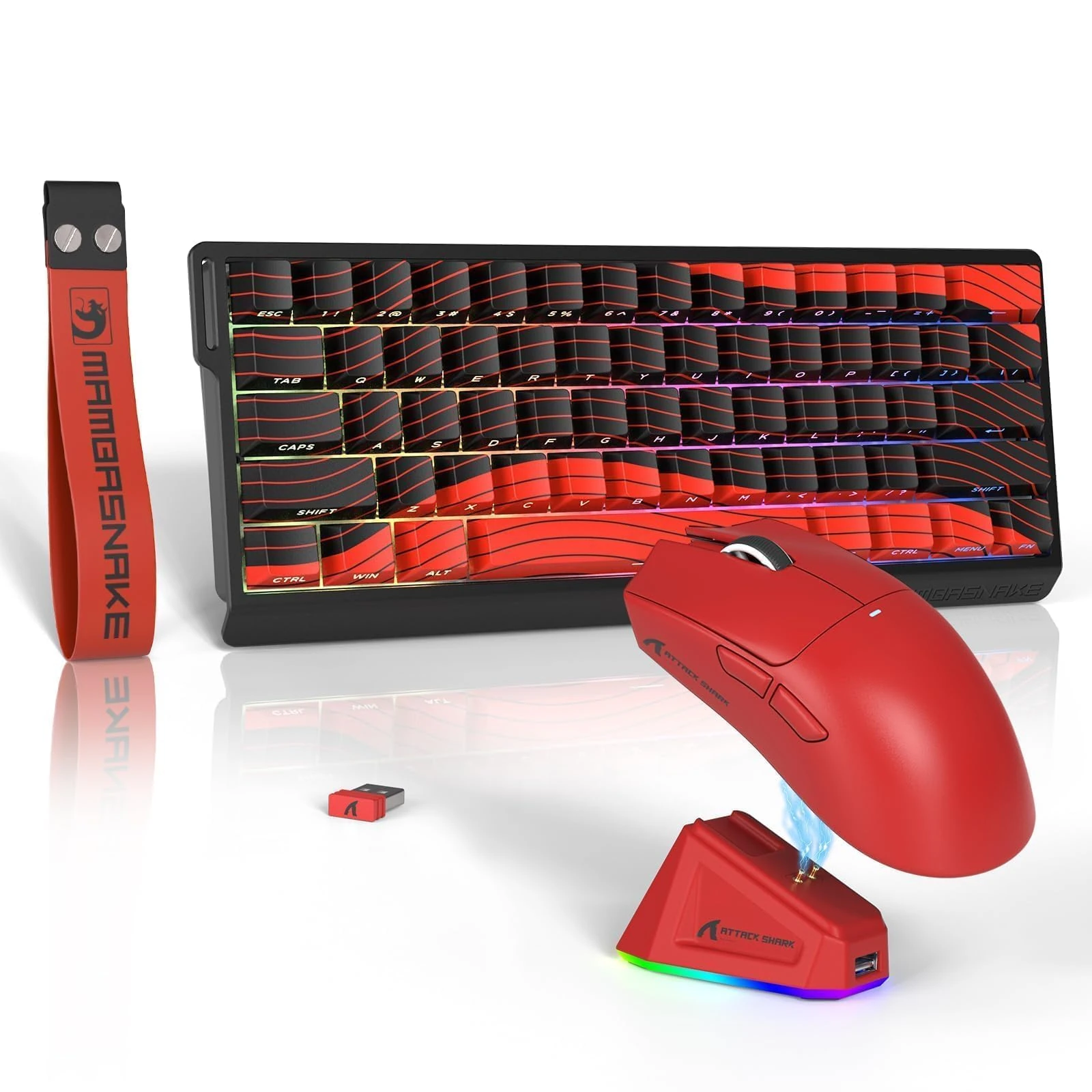 ATTACK SHARK x MAMBASNAKE X11 Gaming Mouse with X60HE Magnetic Keyboard, Wireless Keyboard and Mice Combo, BT/2.4G/Wired, Rapid Trigger, 8000 Polling Rate, PAW3311, 22000 DPI, Ultra-Light Mouse - Red