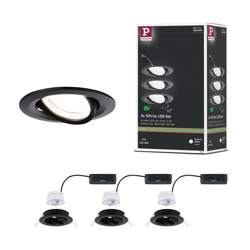Paulmann 92457 Nova LED Recessed Spotlight - Matt Black 3-Piece