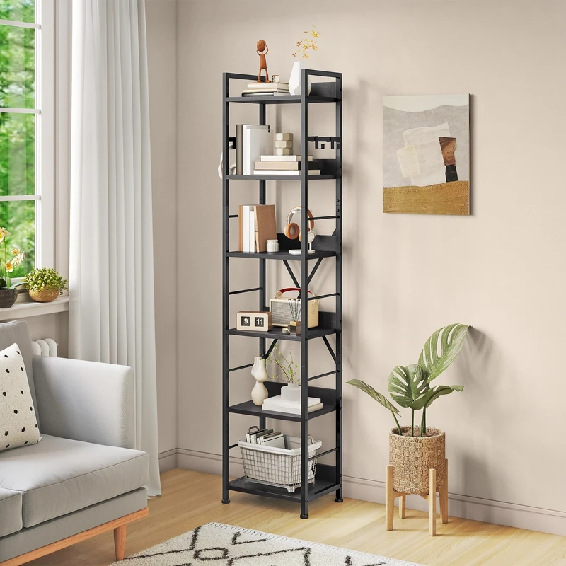 YITAHOME 6 Tier Bookcase, Industrial Book Shelf, Metal Frame and Wooden Shelves, Tall Shelving Unit with 4 Hooks, Book Rack and Display Organizer for Living Room, Home Office, Black