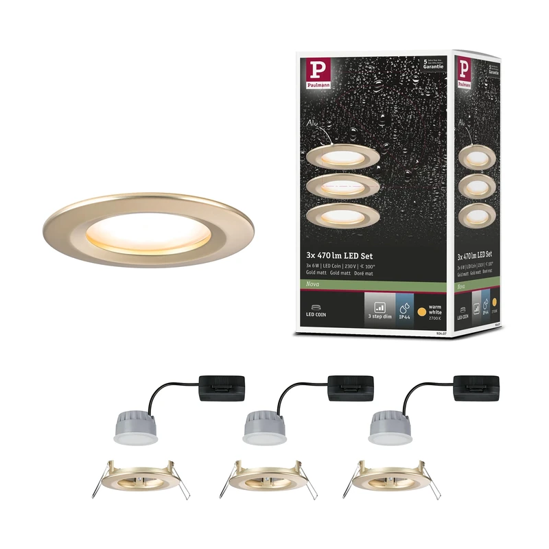 Paulmann 92407 LED Recessed luminaire 3-Step-Dim Nova Coin IP44 Round 74mm Coin 3x6W 3x470lm 230V dimmable 2700K Gold matt