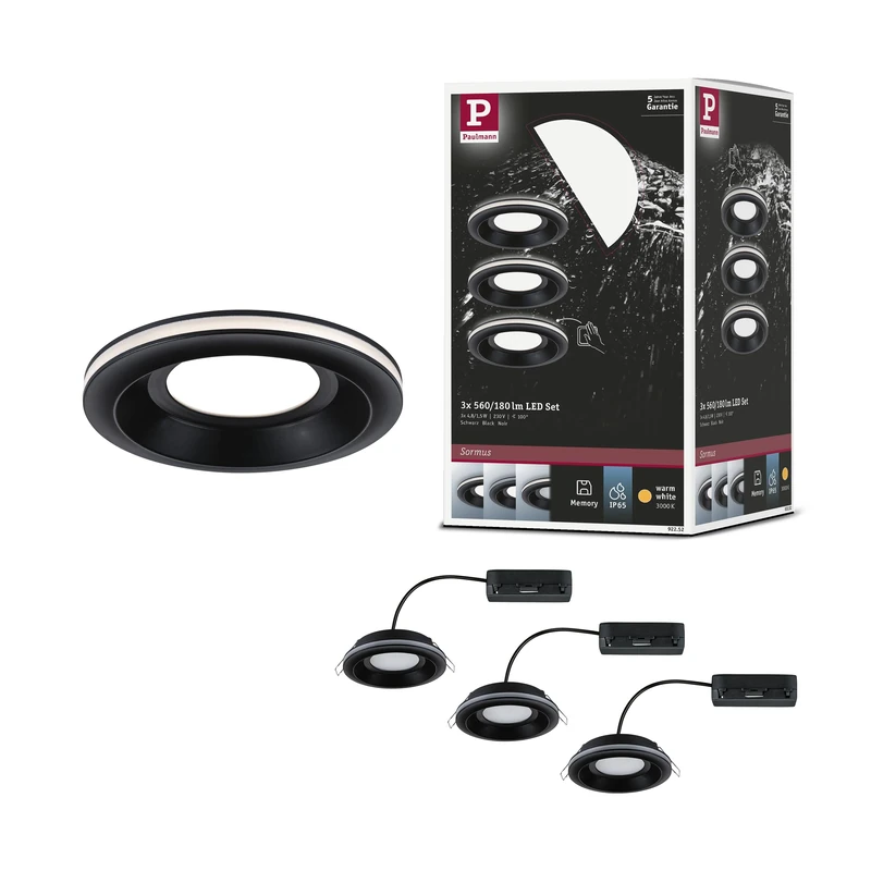 Paulmann 92252 LED Recessed luminaire Sormus IP65 Round 100mm 3x4,8/1,5W 560lm / 180lm 230V 3000K Black