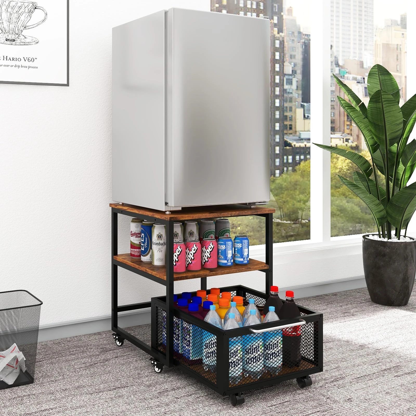 PUNCIA 50x50cm Mini Fridge Stand with Storage and Wheels Heavy Duty Mini Fridge with 4 Lockable Wheels Table Beverage Refrigerator Stand for Coffee Bar Fridge Car for Office Home Dorm Retro