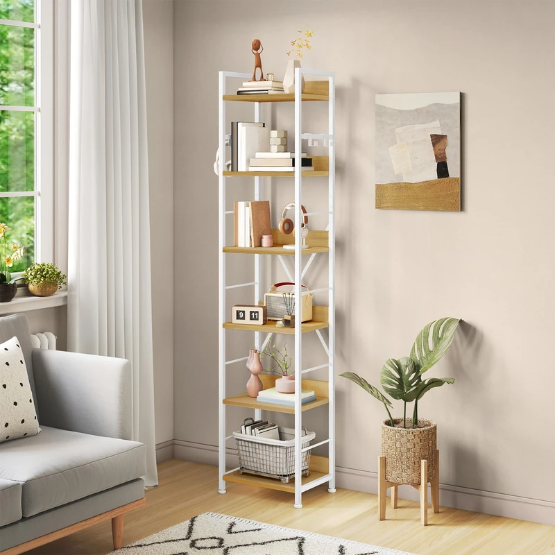 YITAHOME 6 Tier Bookcase, Industrial Book Shelf, Metal Frame and Wooden Shelves, Tall Shelving Unit with 4 Hooks, Book Rack and Display Organizer for Living Room, Home Office, White and Oak