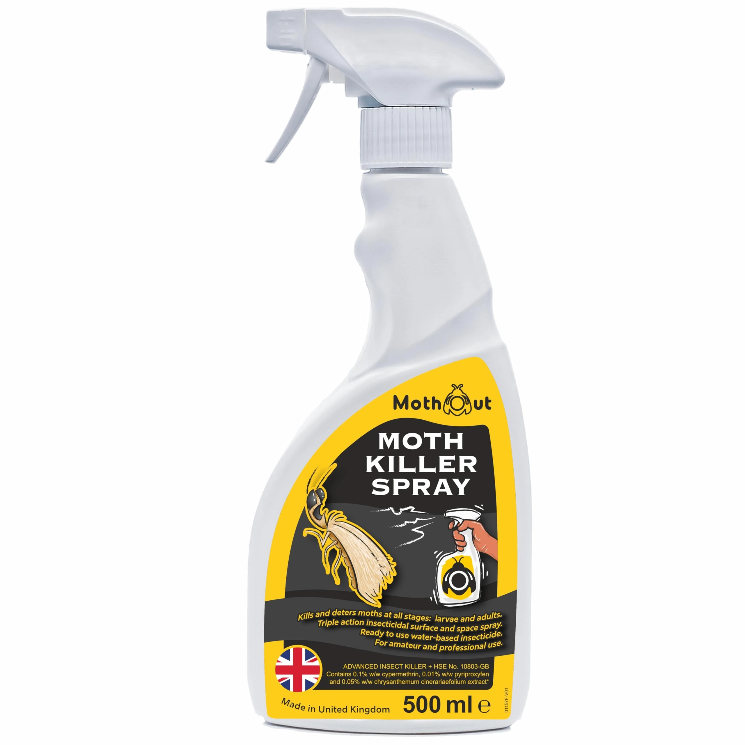 MothOut Clothes & Carpet Moth Killer Spray 500ml, Kills Moths all Species, Adults, Larvae & Pupae, Non-Staining, Low Odour - Moth Repellent for Carpets, Curtains, Hard Surfaces & Cushions + Moth eBook