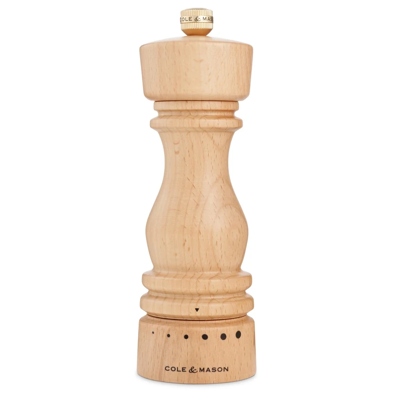 Cole & Mason London Pepper Mill, Grind Select Adjustable Coarseness, Natural Beech, 180mm, Refillable Manual Grinder