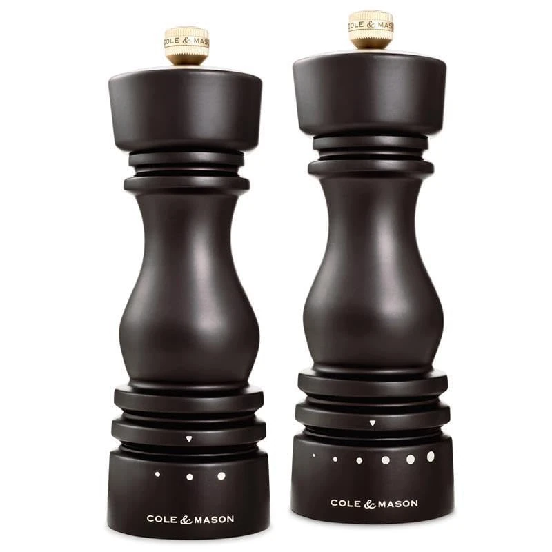 Cole & Mason London Salt and Pepper Mill Gift Set, Grind Select Adjustable Coarseness, Chocolate Wood, 180mm, Refillable Manual Grinder