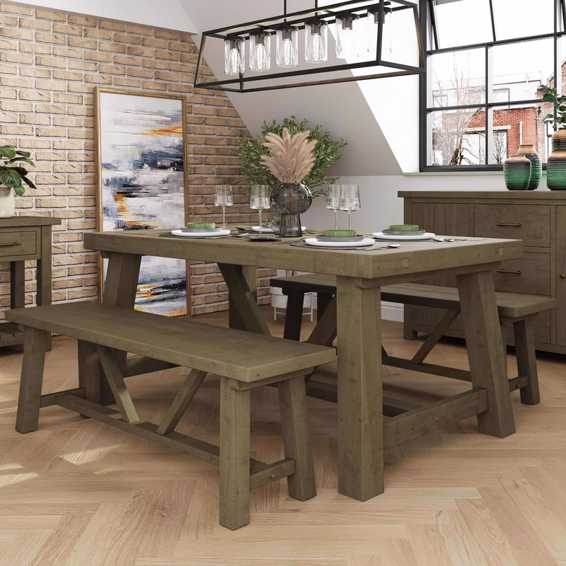 FWStyle Solid Reclaimed Natural Pine Dining Set 1.6M Table + 2x 140cm Benches +1 Extension Leaf