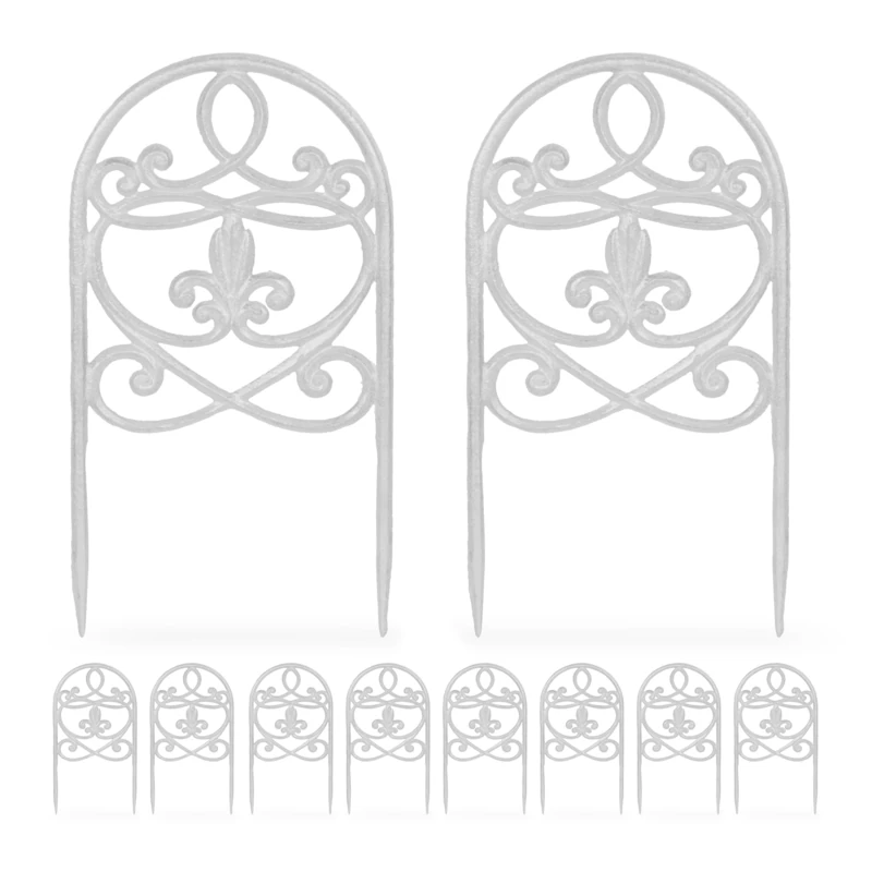 Relaxdays Garden Bed Fence, 10 Panels, Cast Iron, 32.5 x 17.5 cm, Antique, Flowerbed Edging, Decorative Border, White, 2.5 x 17.5 cm