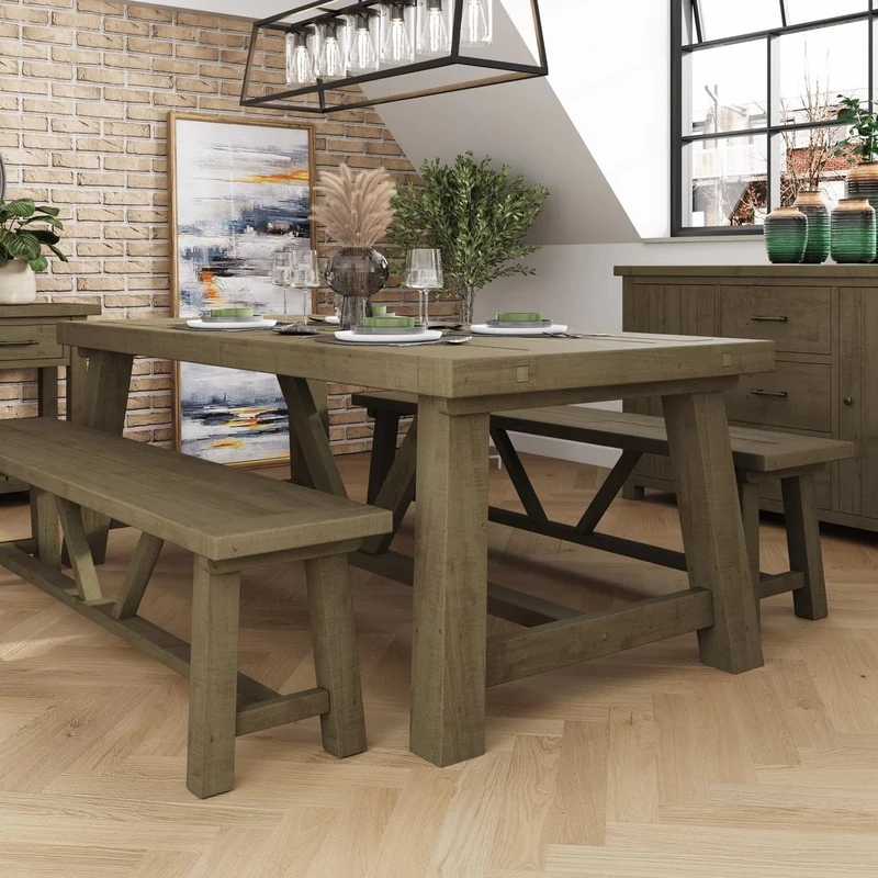 FWStyle Solid Reclaimed Natural Pine Dining Set 2M Table + 2x 180cm Benches + 1 Extension Leaf