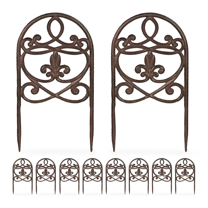 Relaxdays Garden Bed Fence, 10 Panels, Cast Iron, 32.5 x 17.5 cm, Antique, Flowerbed Edging, Decorative Border, Brown, 2.5 x 17.5 cm