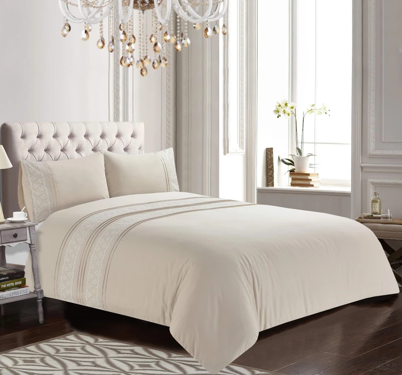 Rapport home Charlotte Embroidered Duvet Cover Set – Elegant Soft Beige Bedding with Delicate Floral Embroidery, Luxury Easy Care Quilt Cover & Pillowcases – Superking Size - Image 1