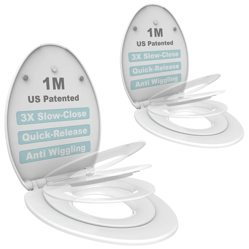 1M Family Toilet Seat, Patented Slow Close & Quick Releasing Technology, Anti-Wiggling, Easy to Install and Clean, Standard Elongated with Toddler Seat Built in (2 Pieces)