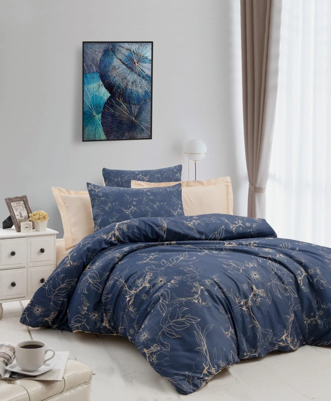 Nuit Des Rêves Elegant Single Quilt Cover Set (155 x 200 cm), Dark Blue & Cream, 100% Polyester Microsatin & Cotton 3D Printing, Zipper Closure, Machine Washable, Twin