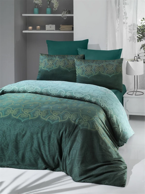Nuit Des Rêves Luxurious Satin Double Quilt Cover Set (200 x 200 cm), 100% Cotton, 210 Thread Count, Green/White/Yellow, Machine Washable, Envelope & Button Closure, Perfect for Elegant Bedrooms