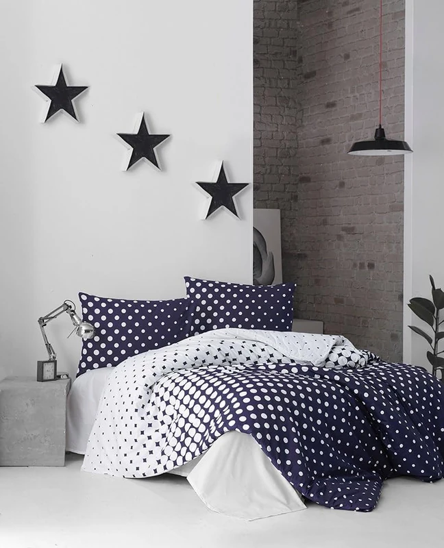 Nuit Des Rêves Premium Ranforce Double Quilt Cover Set (200 x 200 cm), Dark Blue & White, 100% Cotton, 140 Thread Count, Machine Washable, Envelope & Button Closure, Stylish & Comfortable Bedding