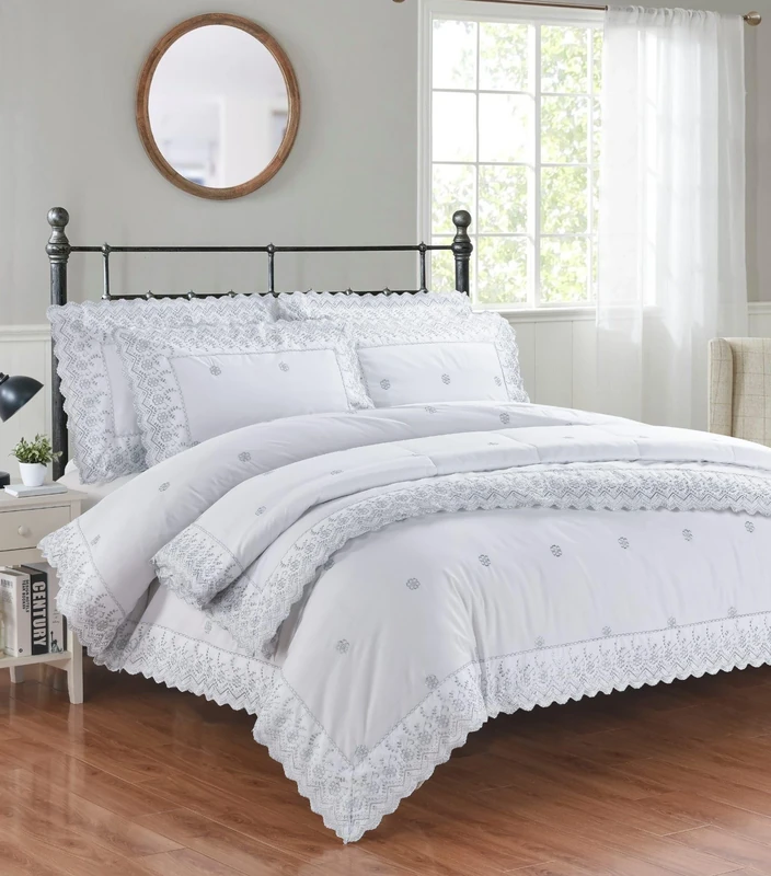 Rapport home White Double Bedding with Silver Embroidery Duvet Cover Set - Elegant Lace Broder Floral Embroidery Luxury Broderie Anglaise Gabrielle Bedding Set