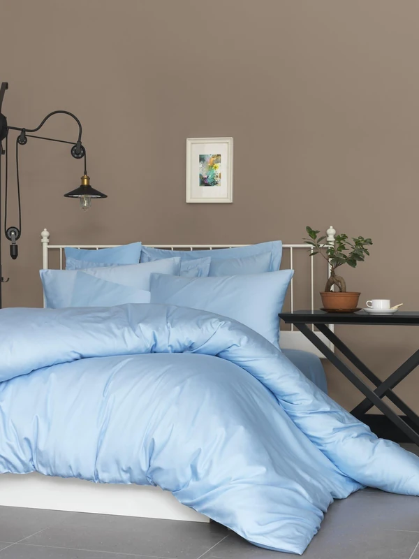 Nuit Des Rêves Luxurious Satin Double Quilt Cover Set (200 x 200 cm), 100% Cotton, 210 Thread Count, Blue, Includes 2 Pillowcases, Machine Washable, Elegant Design - Image 1