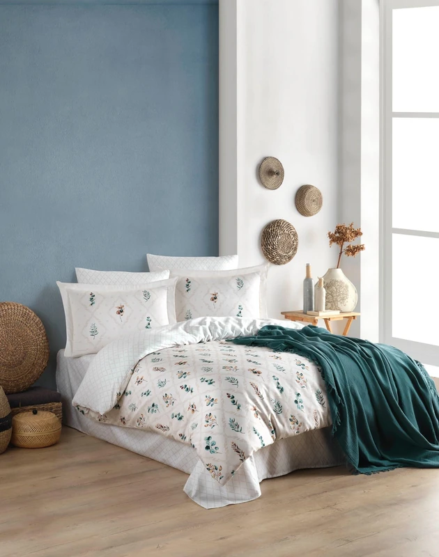 Nuit Des Rêves Ranforce Double Quilt Cover Set (200 x 200 cm), 100% Cotton, White & Green, 2 Pillowcases (80 x 80 cm) Machine Washable at 40°C, 145 Thread Count