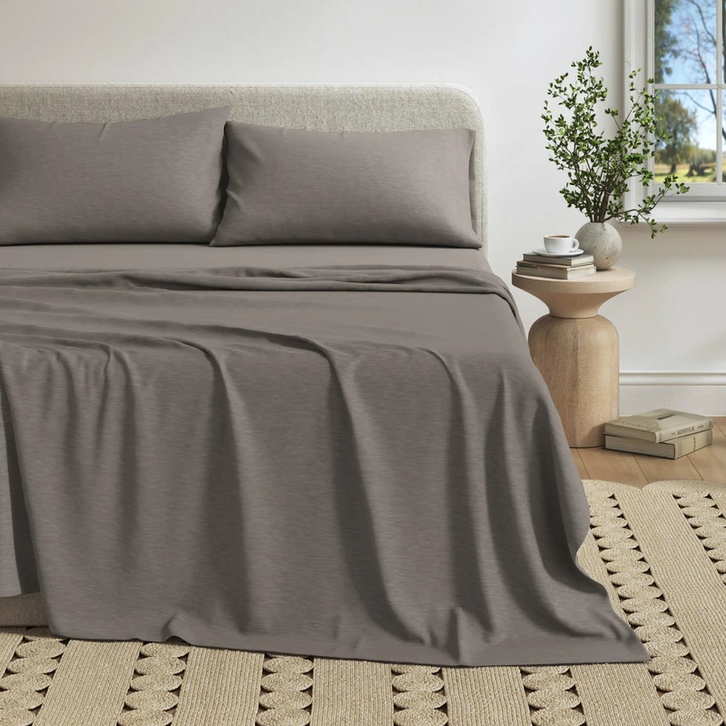 Cotton Jersey Knit Queen Sheet Set - Ultra-Soft, Stretchy, Heathered Melange Mid Grey Bed Sheets - Cozy, Soft T-Shirt Sheet & Pillowcase Set